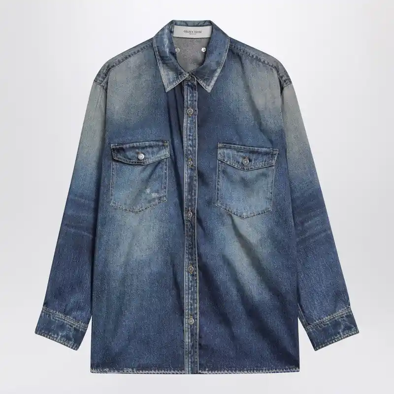 Blue Oversized Patty Shirt With Denim Print - Golden Goose