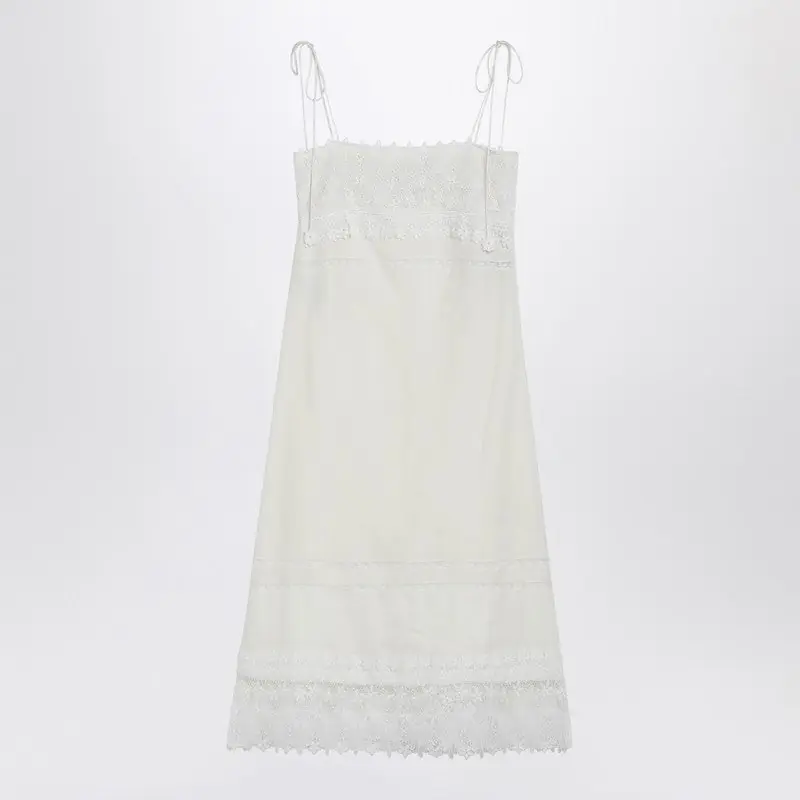 Ivory Linen Midi Dress With Sangallo Embroidery - Valentino Garavani