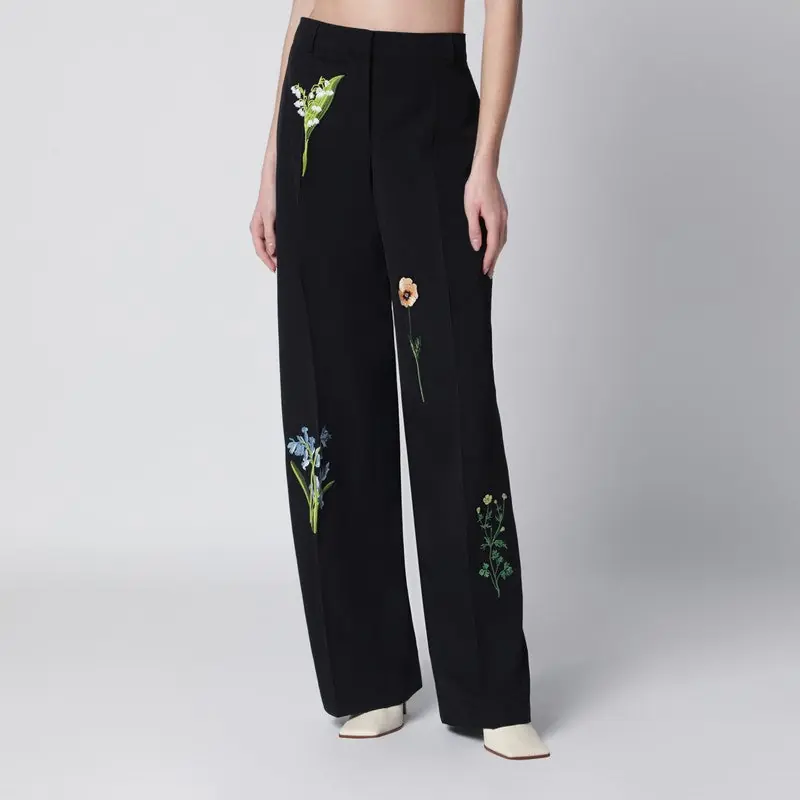Black Wool Trousers With Floral Embroidery - Stella McCartney