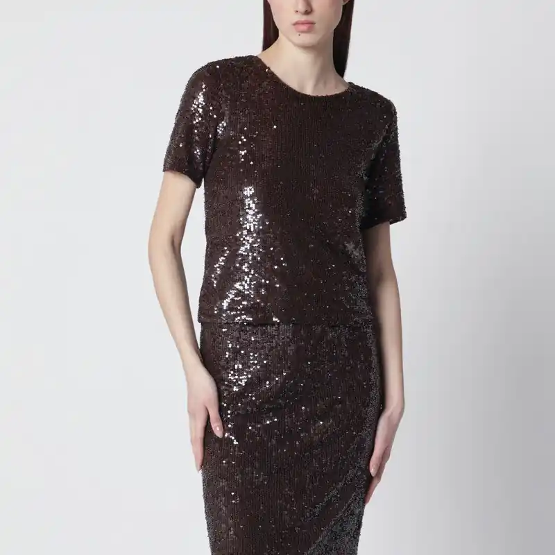 Brown Sequin Knit Top - P.A.R.O.S.H.