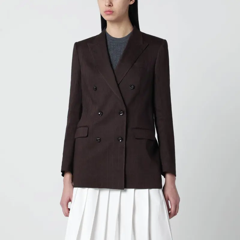 Brown Linen-Blend Double-Breasted Jacket