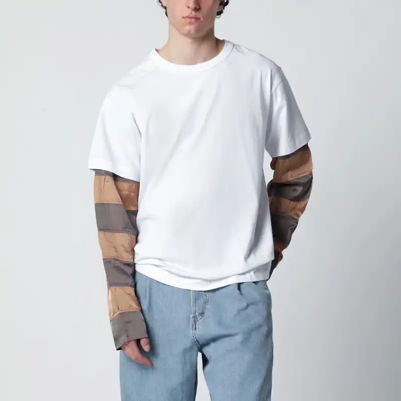 White T-Shirt With Striped Sleeves