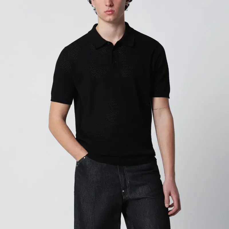 Black Openwork Cotton Polo - Roberto Collina