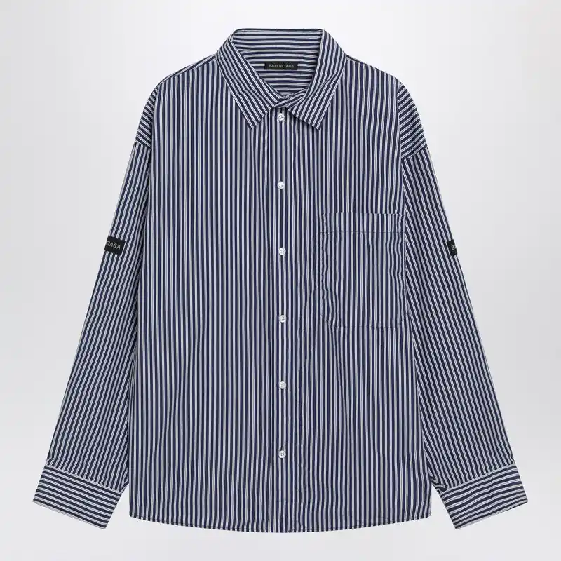 Oversize Navy Blue And White Striped Shirt - Balenciaga