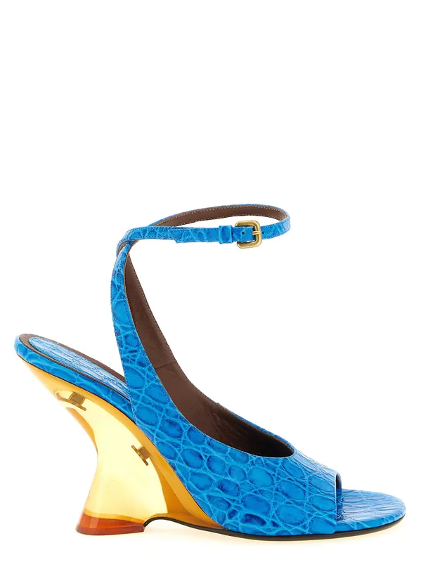 Embossed Leather Sandals Wedges Light Blue - Dries Van Noten