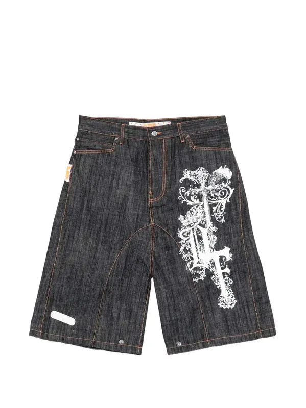 Graphic Print Denim Shorts - Pdf