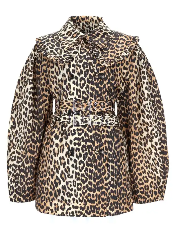 Short Trench Coat With Leopard Print - Ganni