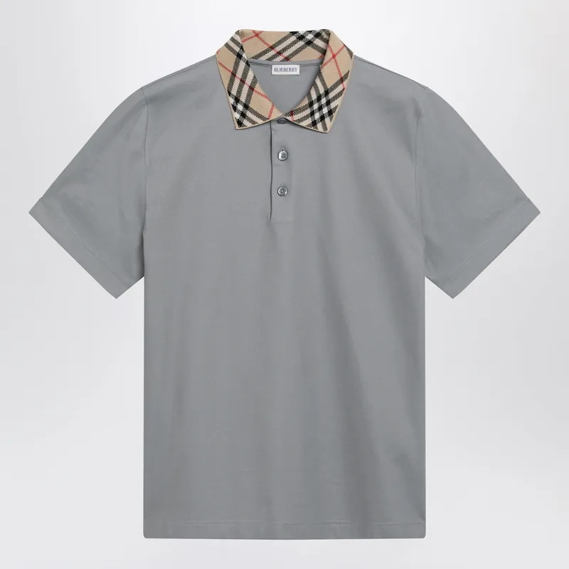 Grey Cotton Polo With Check Collar - Burberry