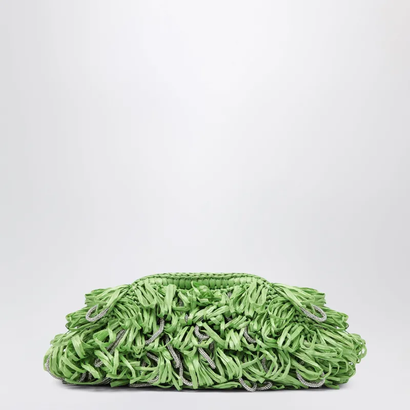 Beatrix Apple Green Clutch With Raffia Fringes And Crystals - Hibourama