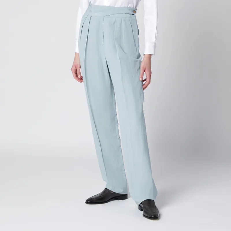 Tomo Light Blue Trousers In Silk And Linen - Blazé Milano