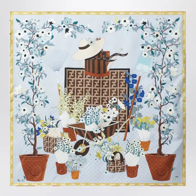 Fendi Gardening Light Blue Multicoloured Silk Foulard