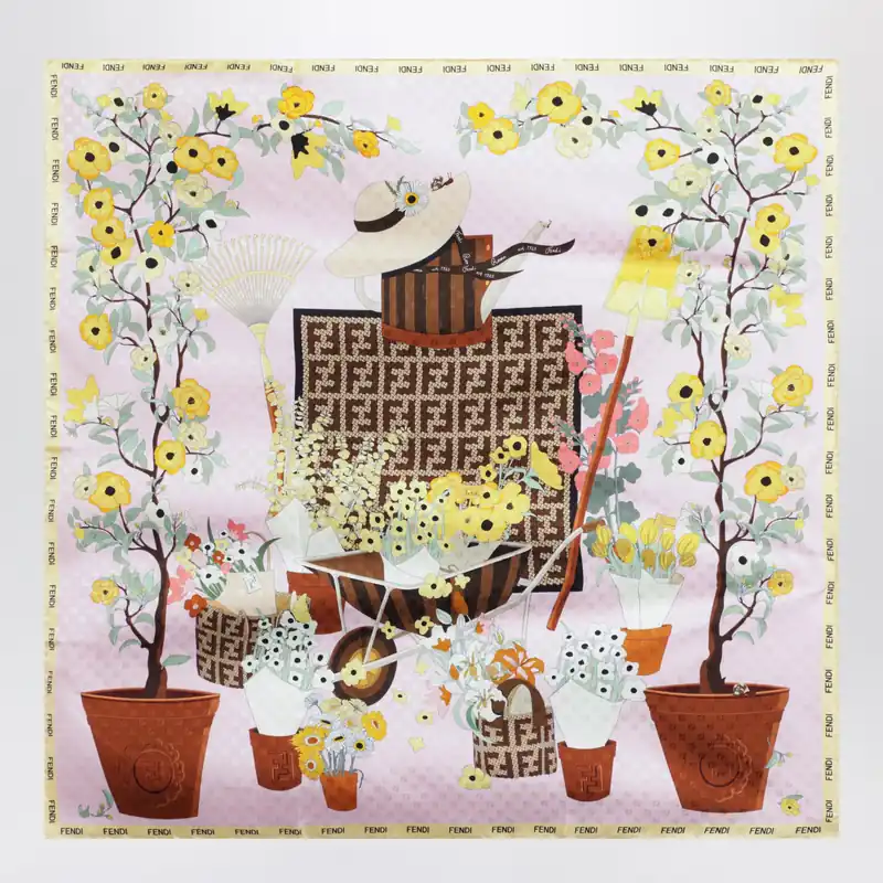 Fendi Gardening Pink Multicoloured Silk Foulard