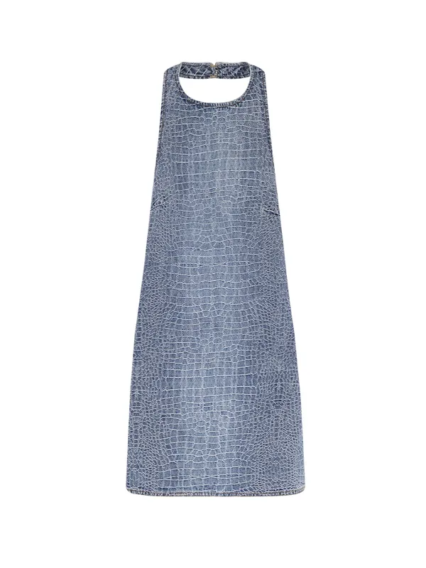 Rhinestone Croc Effect Denim Dress - Self-Portrait