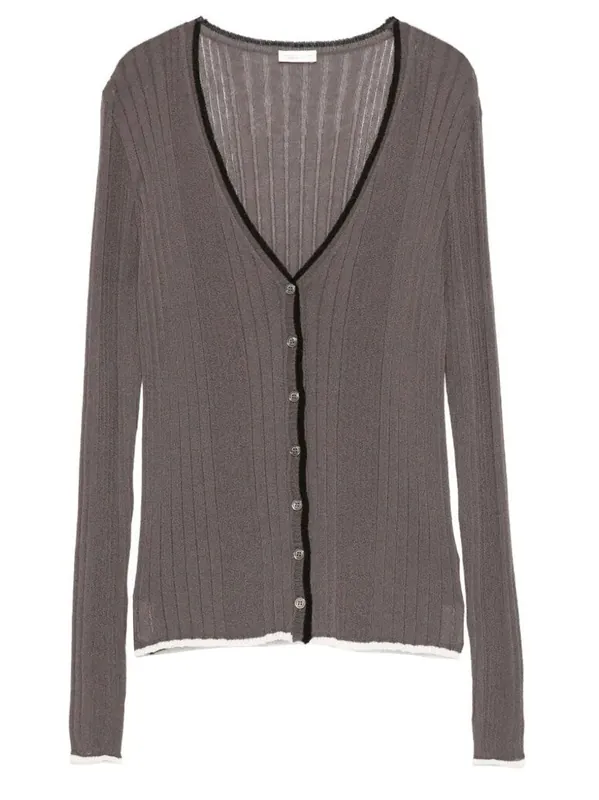Contrasting Hem V-Neck Ribbed Cardigan