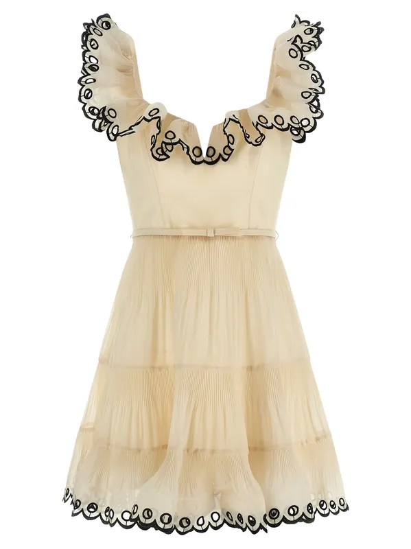 Embroidered Frilled Mini Dresses Beige - Zimmermann