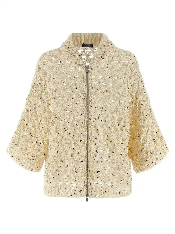 Sequin Mesh Cardigan Sweaters And Cardigans Beige - Peserico