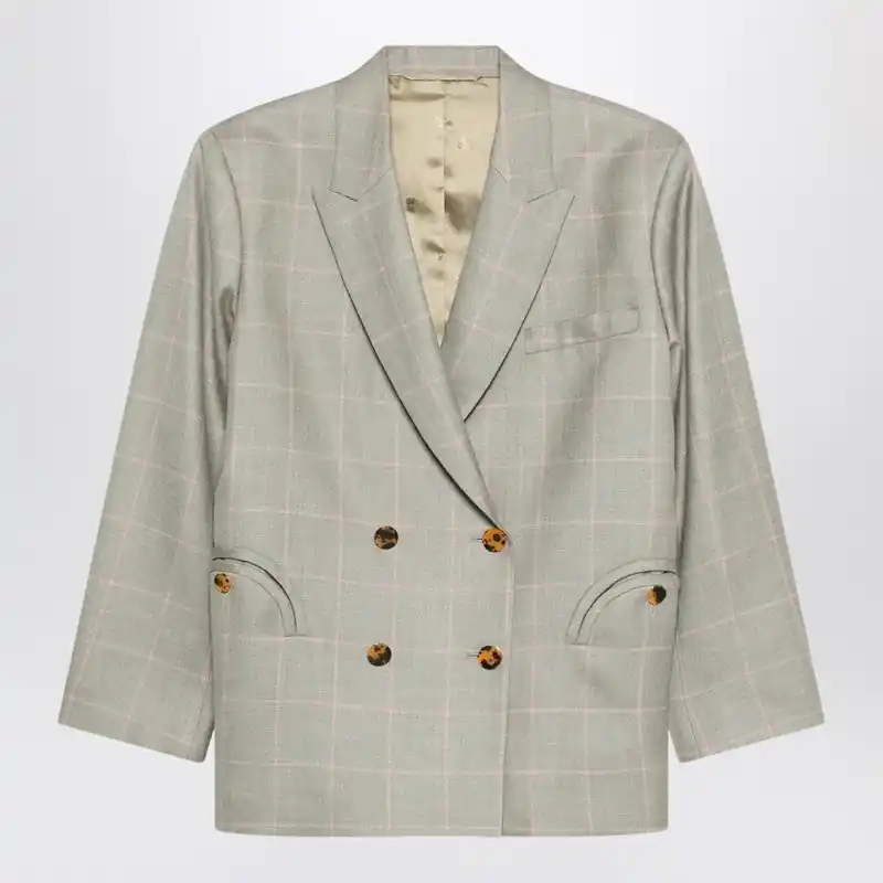 Double-Breasted Beige Blazer With Pink Check Pattern