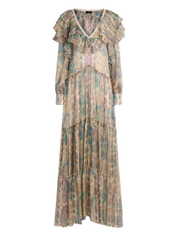 Long Silk Dress With Paisley Print And Ruffled Details - Etro