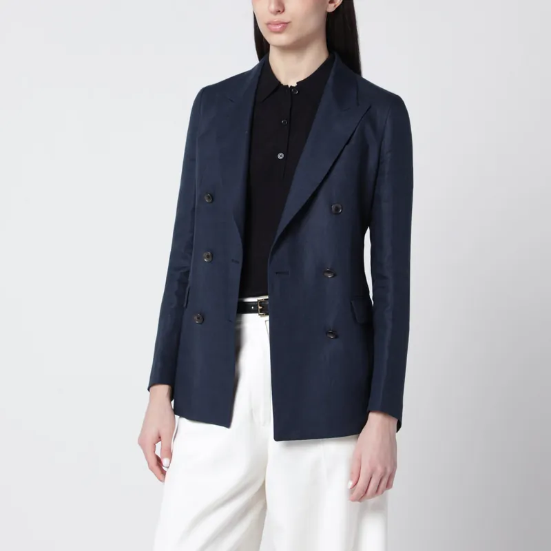 Navy Blue Double-Breasted Linen Jacket