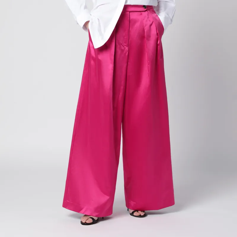 Wide Pleated Fuchsia Satin Trousers - Dries Van Noten