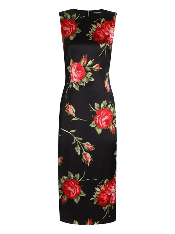 Rose Bouquet-Print Satin Sheath Dress