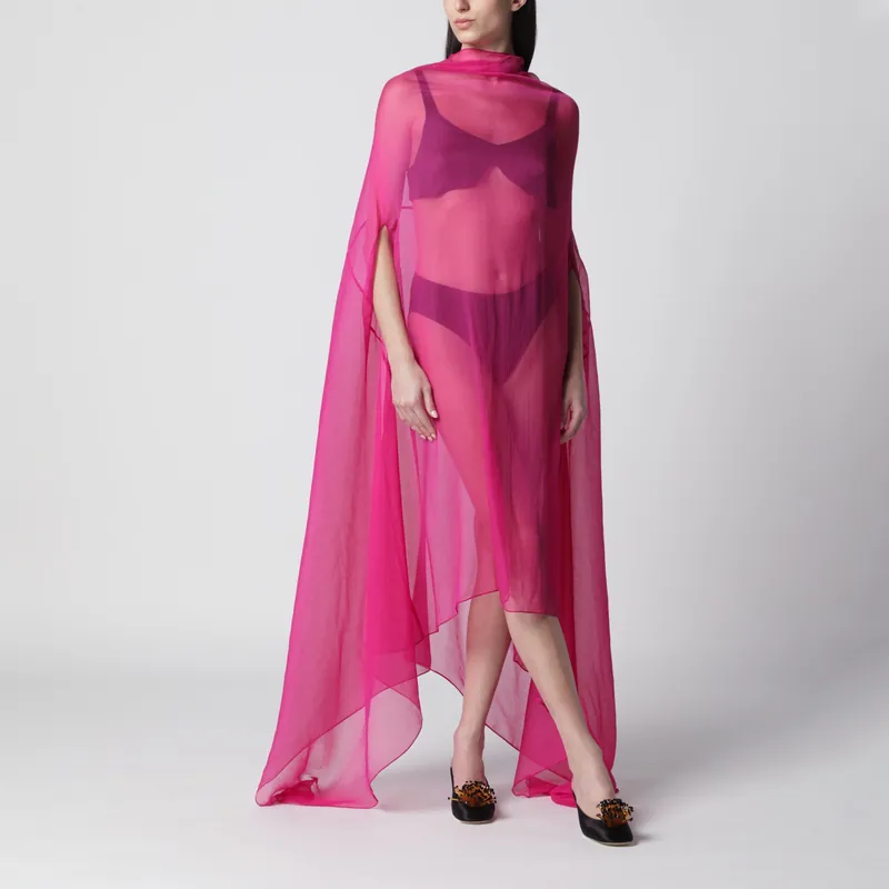 Wide Cape Dress Fuchsia In Sheer Silk - Dries Van Noten