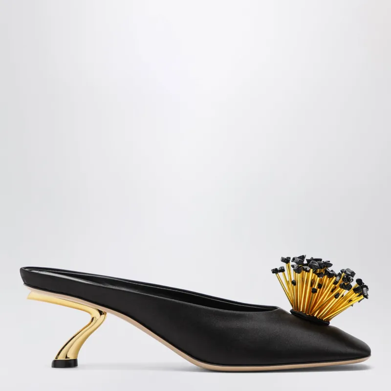 Black Mules With Sculptural Heel And Crystal Flower - Ferragamo