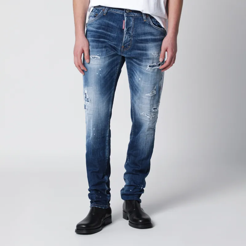 Slim Washed Blue Jeans With Rips - Dsquared2
