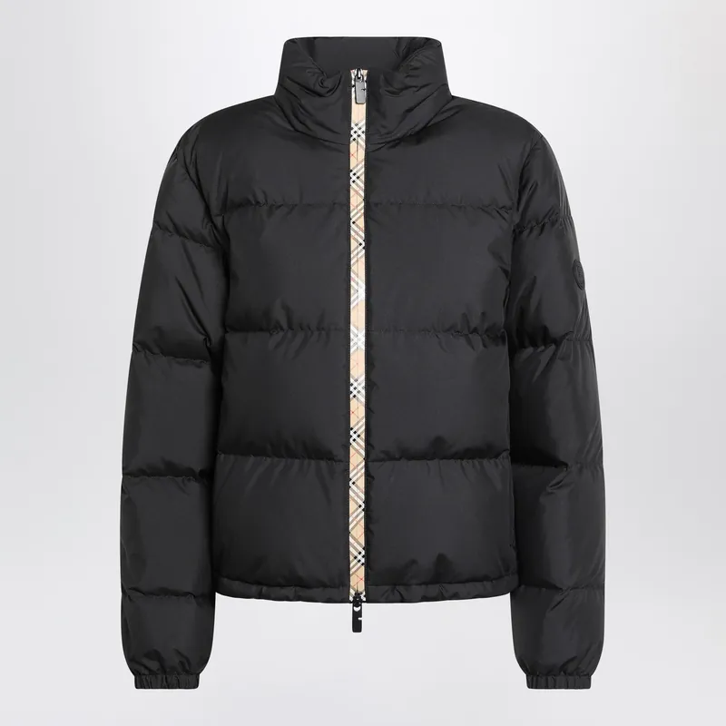 Black Zip-Up Puffer Jacket With Check Detail