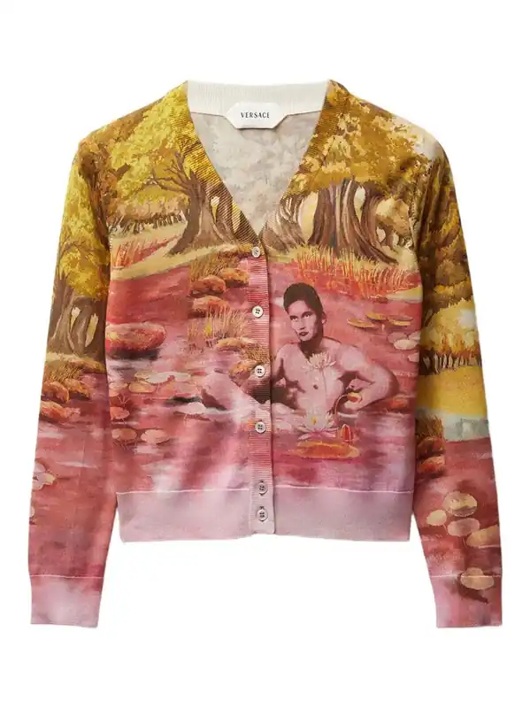 "The Naturist" Print Silk Knit Cardigan - Versace