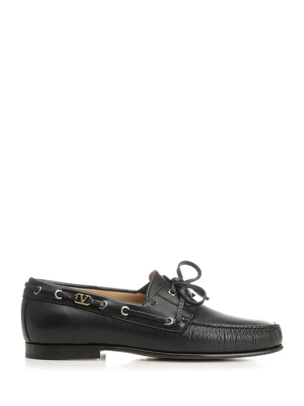 Leather Loafers With Logo Scarpe Basse Black - Valentino Garavani
