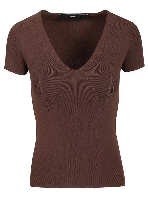 V-Neck Sweater Tops Brown