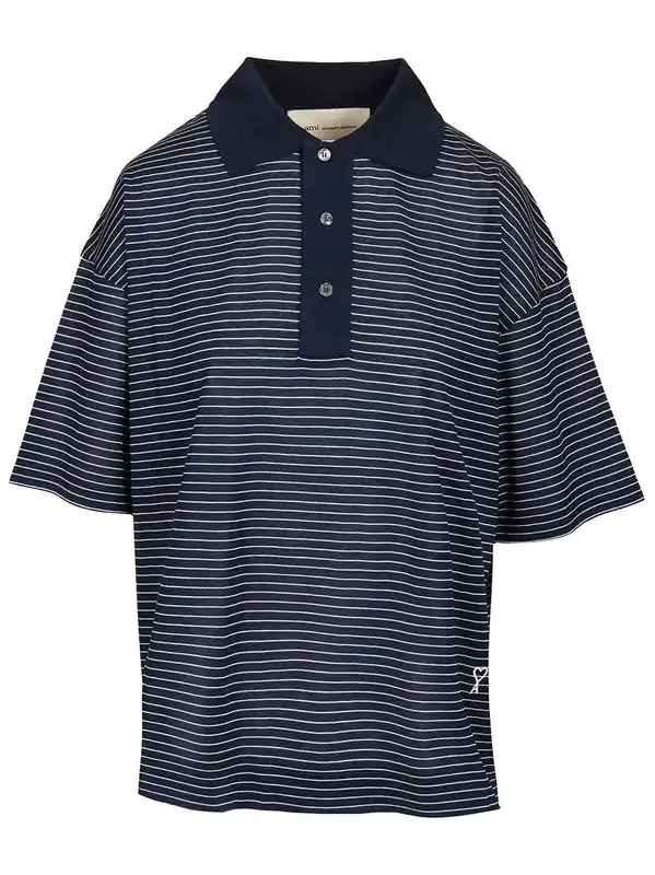 Striped Boxy Fit Polo With Ami De Coeur Patch Polo Shirt Blue - Ami Paris