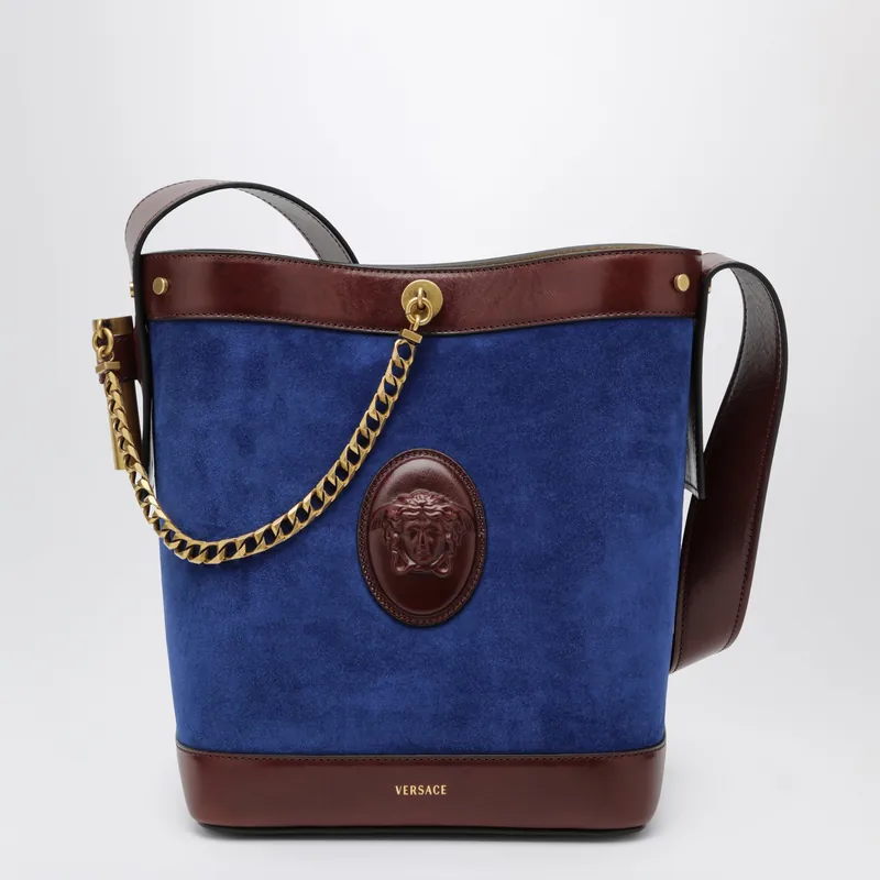 Small Pivot Bucket Bag In Suede And Leather Blue - Versace