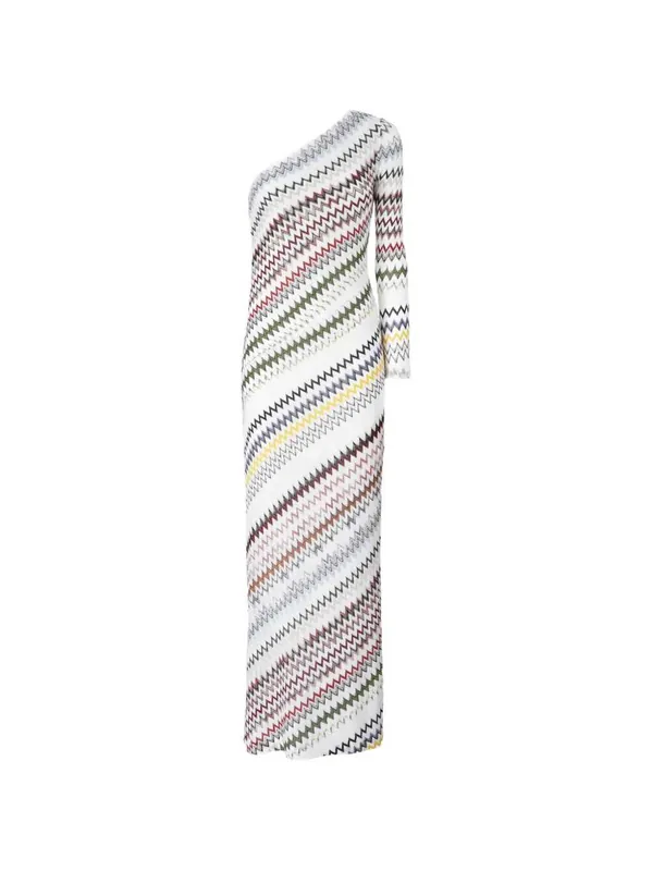 One-Shoulder Long Dress With Herringbone Pattern