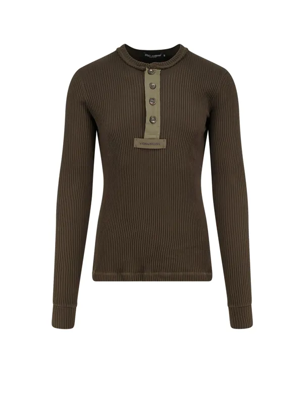 Ribbed Cotton Sweater With Metal Logo On The Front - Dolce & Gabbana