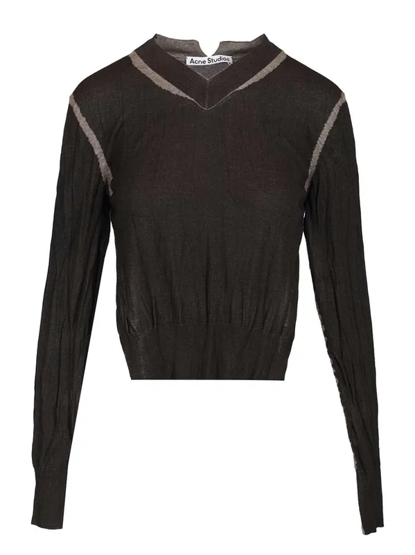 Crumpled V-Neck Sweater Knitwear Brown