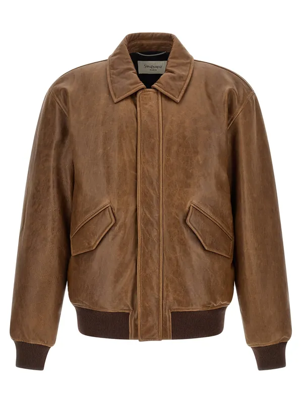 Vintage Leather Bomber Jacket Puffer Jackets Brown - Saint Laurent