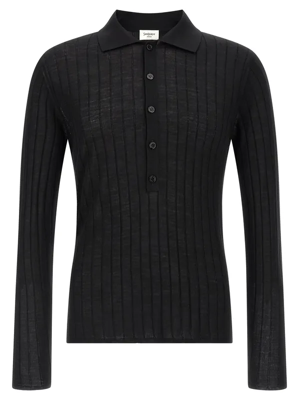 Pointelle Wool Shirt Polo Black - Saint Laurent