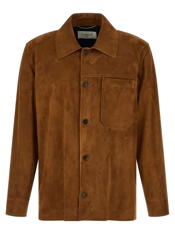 Suede Overshirt Puffer Jackets Brown - Saint Laurent