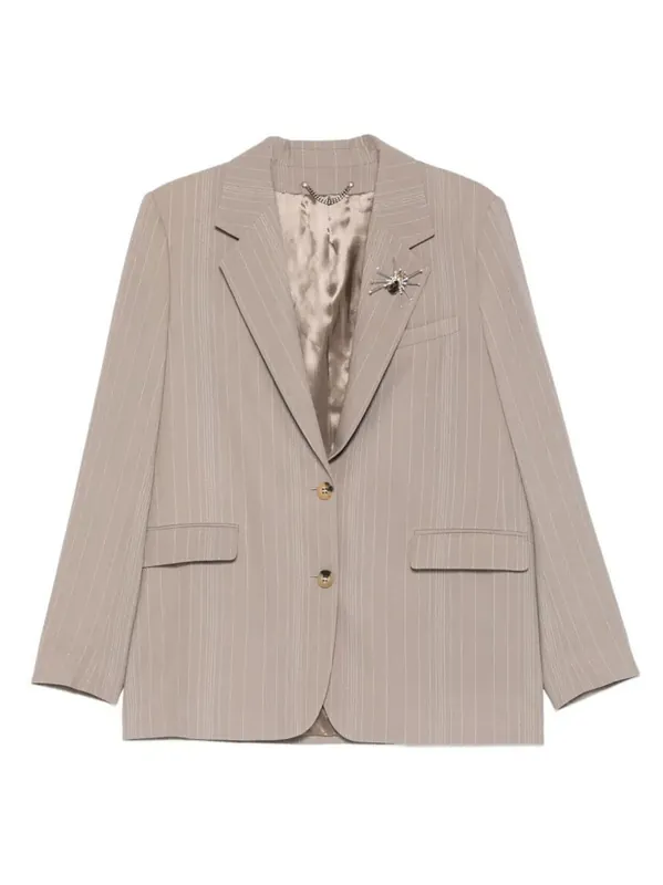 Pinstripe Oversized Wool Blend Blazer With Broche - Golden Goose
