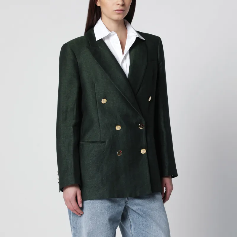 Green Double-Breasted Linen-Blend Jacket