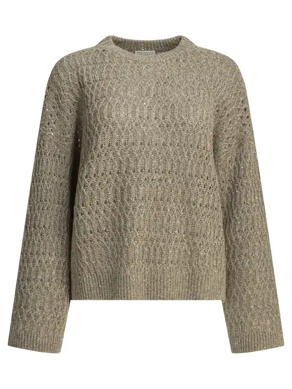 Crewneck Sweater With Sequins Knitwear Beige - Brunello Cucinelli