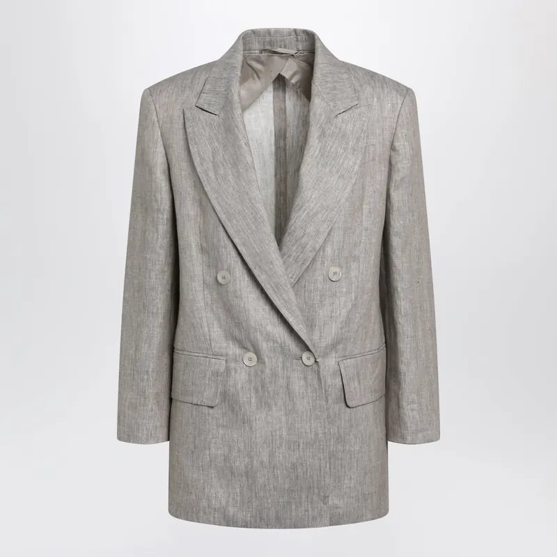 Olimpia Double-Breasted Chevron Linen Blazer In Beige