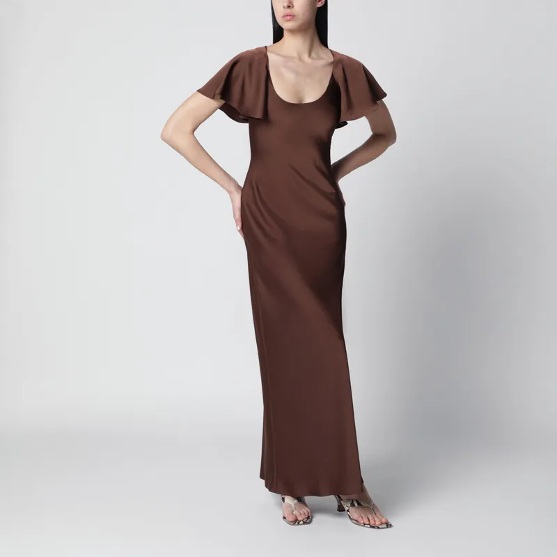 Long Satin Dress With Flutter Sleeves In Potting Soil - Rotate