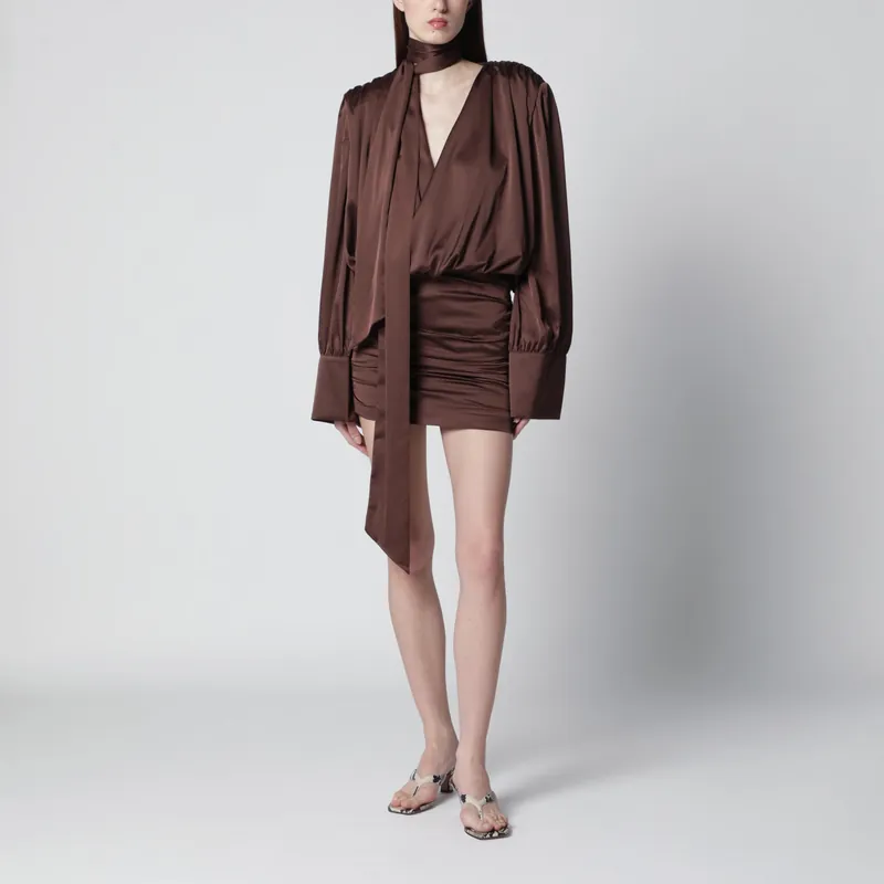 Short Chiffon Dress With Deep V-Neck And Bow, Brown