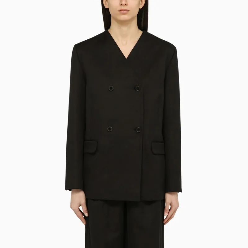 Black Double-Breasted Jacket In Cotton And Linen
