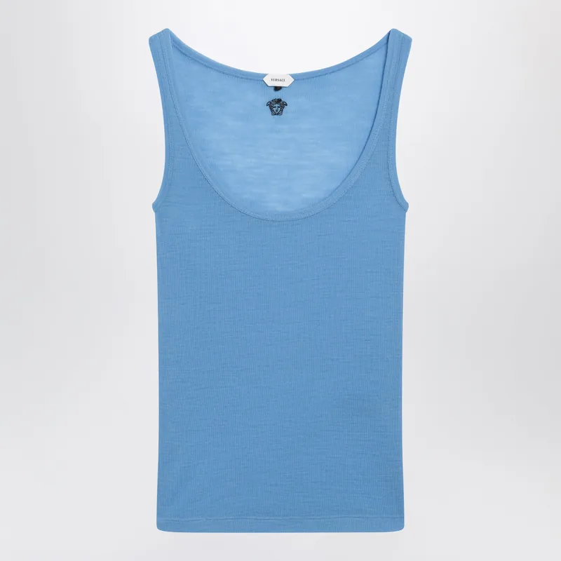 Blue Wool Tank Top With Logo Embroidery - Versace