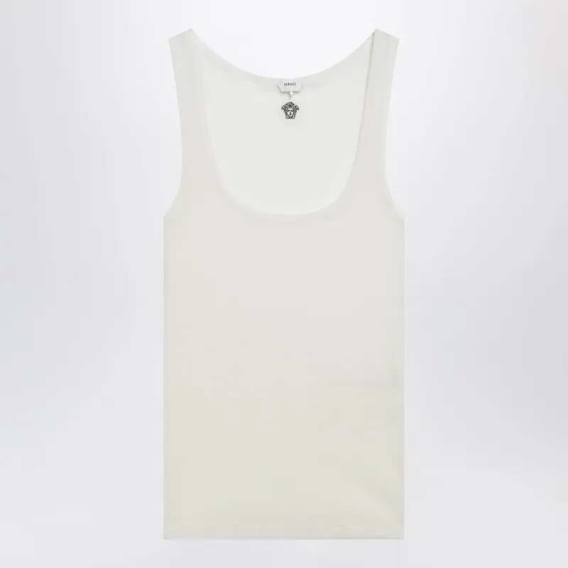Cream Wool Tank Top With Logo Embroidery - Versace