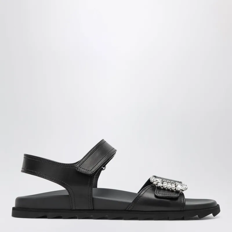 Black Leather Sandals With Crystal Buckle - Roger Vivier
